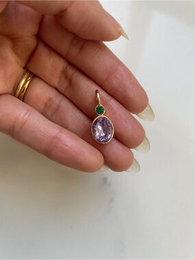 Vintage-Style Amethyst-Purple & Emerald-Green Glass Resin Pendant, Gold Plated